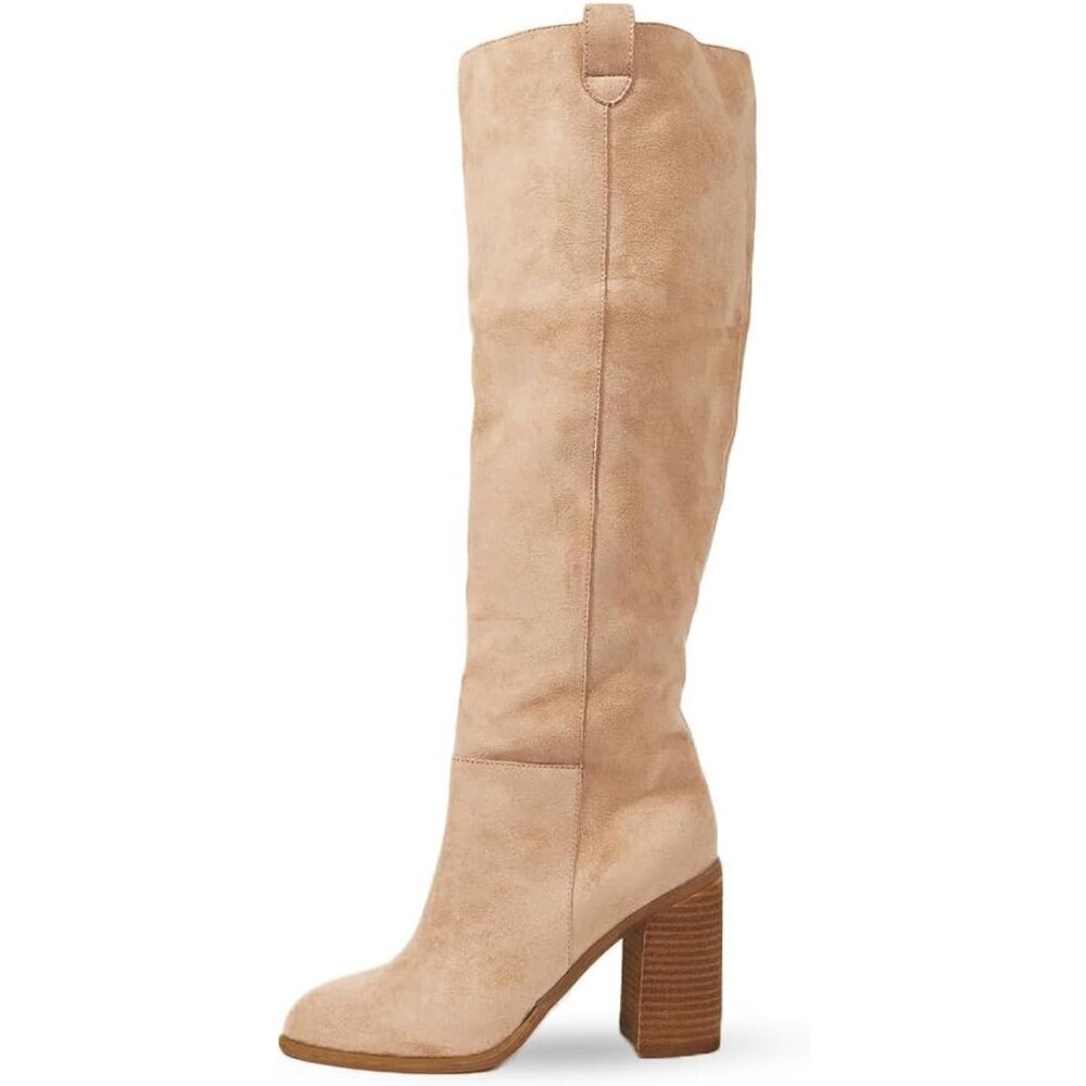 Women's 1 Apricot Suede Knee-high Boots Fall Boot Chunky Block High Heel